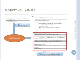 MOTIVATING EXAMPLE
34
SoftwareResearchLab,UofS
Context code
Recommended code example
SurfExample
 