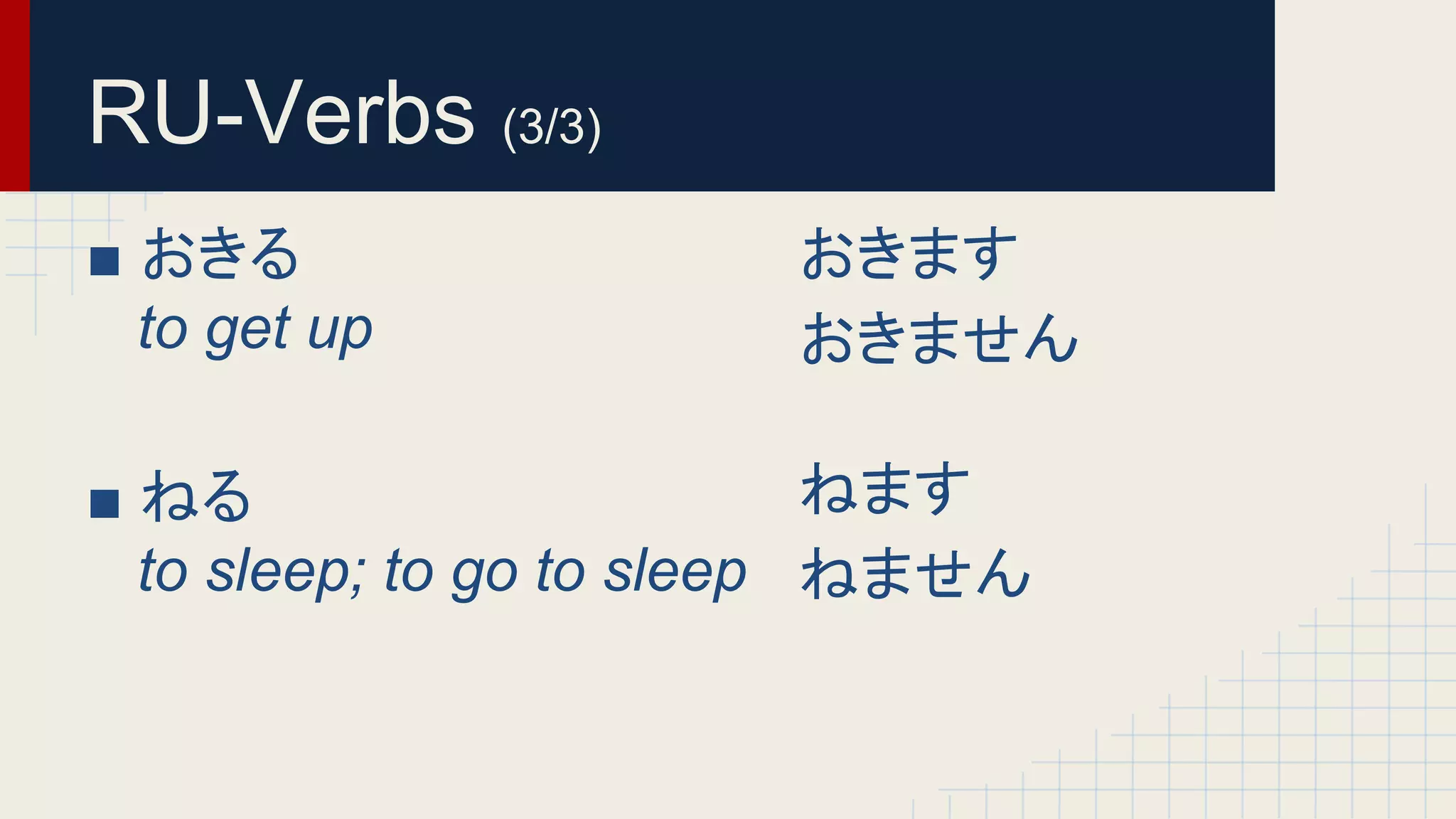 RU-Verbs (3/3) 
■ おきる 
to get up 
■ ねる 
to sleep; to go to sleep 
おきます 
おきません 
ねます 
ねません 
 
