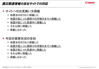 震災関連情報の自社サイトでの対応

 サイトへのお見舞い文掲載
        地震当日のうちに掲載した
        地震が起こった週明けの月曜日までに掲載した
        地震が起こった翌週中に掲載した
        それ以降に掲載した
        掲載しなかった


 今回の被害状況の告知
        地震当日のうちに掲載した
        地震が起こった週明けの月曜日までに掲載した
        地震が起こった翌週中に掲載した
        それ以降に掲載した
        掲載しなかった


開示範囲：2011/06/01 NextWebセミナー 第5回 ご参加者   Ⓒ Canon Marketing Japan Inc., 2011
 