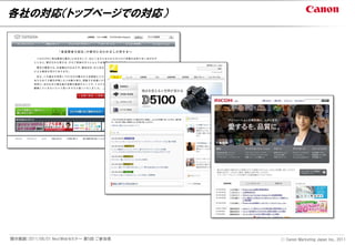 各社の対応（トップページでの対応）




開示範囲：2011/06/01 NextWebセミナー 第5回 ご参加者   Ⓒ Canon Marketing Japan Inc., 2011
 