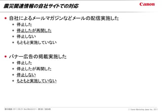 震災関連情報の自社サイトでの対応

 自社によるメールマガジンなどメールの配信実施した
        停止した
        停止したが再開した
        停止しない
        もともと実施していない


 バナー広告の掲載実施した
        停止した
        停止したが再開した
        停止しない
        もともと実施していない




開示範囲：2011/06/01 NextWebセミナー 第5回 ご参加者   Ⓒ Canon Marketing Japan Inc., 2011
 