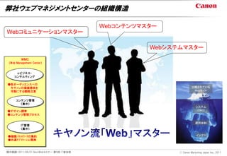 弊社ウェブマネジメントセンターの組織構造

                                       Webコンテンツマスター
Webコミュニケーションマスター

                                                 Webシステムマスター
         ＷＭＣ
 (Web Management Center)


     e-ビジネス・
    コンサルティング

●各オーディエンスへの
 キヤノンの価値提供を                                                     公開されている
 可能にする戦略立案                                                       Webサイト


     コンテンツ管理
       （集中）
                                                                    システム
●デザイン標準                                                             （CMS）
●コンテンツ管理プロセス

                                                                   運用体制
         ＩＴ管理
         （集中）

●機器/ﾈｯﾄﾜｰｸの集約                                                       インフラ
●共通ｱﾌﾟﾘｹｰｼｮﾝ開発



開示範囲：2011/06/01 NextWebセミナー 第5回 ご参加者                   Ⓒ Canon Marketing Japan Inc., 2011
 