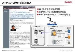 ワークフロー開発～CMSの導入

                                       コンテンツ排他制御の実現
                                       正確なコンテンツ配信機能の実現
                                       デザイナー環境へのインパクトの少なさ




開示範囲：2011/06/01 NextWebセミナー 第5回 ご参加者               Ⓒ Canon Marketing Japan Inc., 2011
 