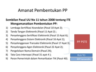 Amanat Pembentukan PP
Sembilan Pasal UU No 11 tahun 2008 tentang ITE
Mengamanatkan Pembentukan PP:
1) Lembaga Sertifikasi Keandalan (Pasal 10 Ayat 2);
2) Tanda Tangan Elektronik (Pasal 11 Ayat 2) ;
3) Penyelenggara Sertifikasi Elektronik (Pasal 13 Ayat 6);
4) Penyelenggara Sistem Elektronik (Pasal 16 Ayat 2);
5) Penyelenggaraan Transaksi Elektronik (Pasal 17 Ayat 3);
6) Penyelenggara Agen Elektronik (Pasal 22 Ayat 2);
7) Pengelolaan Nama Domain (Pasal 24);
8) Tata Cara Intersepsi (Pasal 31 ayat 4 );
9) Peran Pemerintah dalam Pemanfaatan TIK (Pasal 40).
PP PSTE
RUU TCI
RPP tersendiri
 