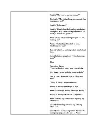 Anak 2: “Mayroon ba kayong suman?”

Tindera 2: “May tinda akong suman, anak. Ilan
ba ang gusto mo?”

Anak 2: “Dalawa po.”

Anak 3: “Kina Lolo at Lola na lang ako kakain
sapagkat mayroon silang inihanda, Ate.
Hindi pa naman ako gutom.”

Anak 4: “Ako rin; maraming magluto si Lola,
marasap pa!”

Nanay: “Halina kayo kina Lolo at Lola.
Hinihintay nila tayo.”

Tatay: (Kakatok sa pinto ng bahay nina Lolo at
Lola.)

Lolo: (Bubuksan ang pinto.) “Tuloy kayo mga
anak.”

Tilon

Pangatlong Tagpo
(Tanawin: Loob ng bahay nina Lolo at Lola)

Mga Anak: “Mano po, Lolo. Mano po, Lola.”

Lolo at Lola: “Kaawaan kayo ng Diyos, mga
anak.”

(Nanay at Tatay – magmamano rin)

Ninong at Ninang: (Naka-upo sa silya.)

Anak 1: “Mano po, Ninong. Mano po, Ninang.”

Ninang at Ninong: “Kaawaan ka ng Diyos.”

Anak 2: “Lola, ang sarap naman ng amoy ng
luto ninyo!”

Lola: “Para sa ating salu-salo ang lahat ng
niluto ko.”

Lolo: “Halina na kayo, mga anak. Nakahanda
na ang mga pagkain natin para sa Noche
 
