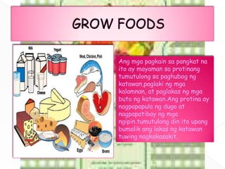 Ang mga pagkain sa pangkat na
ito ay mayaman sa protinang
tumutulong sa paghubog ng
katawan,paglaki ng mga
kalamnan, at paglakas ng mga
buto ng katawan.Ang protina ay
nagpapapula ng dugo at
nagpapatibay ng mga
ngipin.tumutulong din ito upang
bumalik ang lakas ng katawan
tuwing nagkakasakit.
 