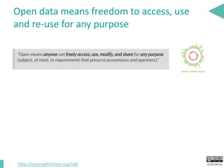 CC BY-SA 4.0
Open data means freedom to access, use
and re-use for any purpose
http://opendefinition.org/od/
 