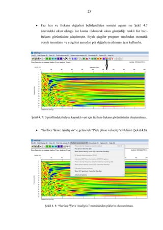 23
• Faz hızı ve frekans değerleri belirlendikten sonraki aşama ise Şekil 4.7
üzerindeki okun olduğu üst kısma tıklanarak okun gösterdiği renkli faz hızı-
frekans görüntüsüne ulaşılmıştır. Siyah çizgiler program tarafından otomatik
olarak tanımlanır ve çizgileri aşmadan pik değerlerin alınması için kullanılır.
Şekil 4. 7: B profilindeki balyoz kaynaklı veri için faz hızı-frekans görüntüsünün oluşturulması.
• “Surface Wave Analiysis” e gelinerek “Pick phase velocity”e tıklanır (Şekil 4.8).
Şekil 4. 8: “Surface Wave Analiysis” menüsünden piklerin oluşturulması.
 