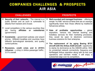 COMPANIES CHALLENGES  & PROSPECTS AIR ASIA CHALLENGES PROSPECTS Security of their networks  -  The internet is a public domain and as such is vulnerable to attacks from hackers and viruses Local competitors in the various countries they are having  affiliates or subsidiaries  (government) Constraints  - government policies and airport pricing . Different localities and countries have different technological standards, and quality control policies. Recession, credit crisis and A (H1N1) influenza  – a drop in Airline passenger traffic., 3.5 % overall. Well-rounded and managed business  -  offering a simple “no frills” service at fares that are on average significantly lower than those offered by traditional full-service airlines.  Gate of profitable opportunities -  global exposition, venture into internet booking and ticketless services for their marketing processes, they would be open to electronic commerce business solutions for their enterprise. The replacement of its aging Boeing B737 aircraft with the Airbus A320 aircraft  - opportunity to stamp its dominance as the ASEAN airline. With its unmatched network connectivity, frequency and full-fledged Airbus operation along with its low cost operations and low-fare model, it will enjoy a substantial edge over its competitors. 