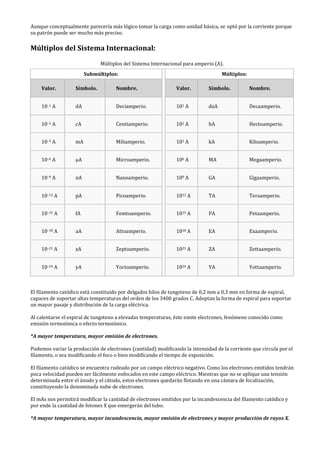 Aunque conceptualmente parecería más lógico tomar la carga como unidad básica, se optó por la corriente porque
su patrón puede ser mucho más preciso.
Múltiplos del Sistema Internacional:
Múltiplos del Sistema Internacional para amperio (A).
Submúltiplos: Múltiplos:
Valor. Símbolo. Nombre. Valor. Símbolo. Nombre.
10–1 A dA Deciamperio. 101 A daA Decaamperio.
10–2 A cA Centiamperio. 102 A hA Hectoamperio.
10–3 A mA Miliamperio. 103 A kA Kiloamperio.
10–6 A µA Microamperio. 106 A MA Megaamperio.
10–9 A nA Nanoamperio. 109 A GA Gigaamperio.
10–12 A pA Picoamperio. 1012 A TA Teraamperio.
10–15 A fA Femtoamperio. 1015 A PA Petaamperio.
10–18 A aA Attoamperio. 1018 A EA Exaamperio.
10–21 A zA Zeptoamperio. 1021 A ZA Zettaamperio.
10–24 A yA Yoctoamperio. 1024 A YA Yottaamperio.
El filamento catódico está constituido por delgados hilos de tungsteno de 0,2 mm a 0,3 mm en forma de espiral,
capaces de soportar altas temperaturas del orden de los 3400 grados C. Adoptan la forma de espiral para soportar
un mayor pasaje y distribución de la carga eléctrica.
Al calentarse el espiral de tungsteno a elevadas temperaturas, éste emite electrones, fenómeno conocido como
emisión termoiónica o efecto termoiónico.
*A mayor temperatura, mayor emisión de electrones.
Podemos variar la producción de electrones (cantidad) modificando la intensidad de la corriente que circula por el
filamento, o sea modificando el foco o bien modificando el tiempo de exposición.
El filamento catódico se encuentra rodeado por un campo eléctrico negativo. Como los electrones emitidos tendrán
poca velocidad pueden ser fácilmente enfocados en este campo eléctrico. Mientras que no se aplique una tensión
determinada entre el ánodo y el cátodo, estos electrones quedarán flotando en una cámara de focalización,
constituyendo la denominada nube de electrones.
El mAs nos permitirá modificar la cantidad de electrones emitidos por la incandescencia del filamento catódico y
por ende la cantidad de fotones X que emergerán del tubo.
*A mayor temperatura, mayor incandescencia, mayor emisión de electrones y mayor producción de rayos X.
 