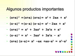 Algunos productos importantes (x+a) 2  =(x+a)(x+a)= x 2  + 2ax + a 2 (x-a) 2  =(x-a)(x-a)= x 2   -   2ax + a 2 (x+a) 3  = x 3  + 3ax 2  + 3a 2 x + a 3 (x-a) 3  = x 3  - 3ax 2  + 3a 2 x - a 3 (x+a)(x-a)= x 2  –ax +ax-a 2  = x 2 -a 2 