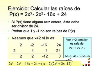 Ejercicio: Calcular las raíces de  P(x) = 2x 3  - 2x 2  - 16x + 24  Si P(x) tiene alguna raíz entera, ésta debe ser divisor de 24. Probar que 1 y -1 no son raíces de P(x) 2x 3  – 2x 2  – 16x + 24 = ( x – 2)(2x 2  + 2x -12) Ver x=2 también es raíz de  2x 2  + 2x -12 2x 2  + 2x -12 = (x-2)(2x+6) 