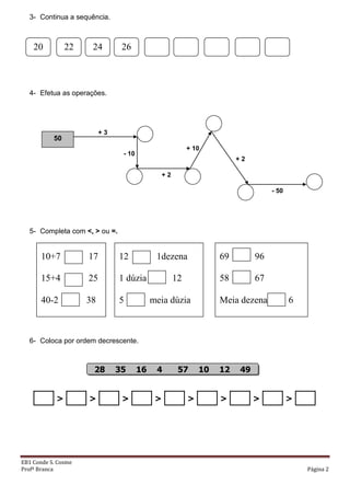 EB1 Conde S. Cosme
Profª Branca Página 2
3- Continua a sequência.
4- Efetua as operações.
5- Completa com <, > ou =.
6- Coloca por ordem decrescente.
> > > > > > > >
10+7 17
15+4 25
40-2 38
12 1dezena
1 dúzia 12
5 meia dúzia
69 96
58 67
Meia dezena 6
28 35 16 4 57 10 12 49
20 22 24 26
- 50
+ 2
+ 10
+ 2
- 10
+ 3
50
 