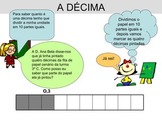 A DÉCIMA Para saber quanto é uma décima tenho que dividir a minha unidade em 10 partes iguais. A D. Ana Bela disse-nos que já tinha pintado quatro décimas da fita de papel cenário da turma 3º C. Como posso eu saber que parte do papel ela já pintou? Já sei! Dividimos o papel em 10 partes iguais e depois vamos marcar as quatro décimas pintadas O,3 