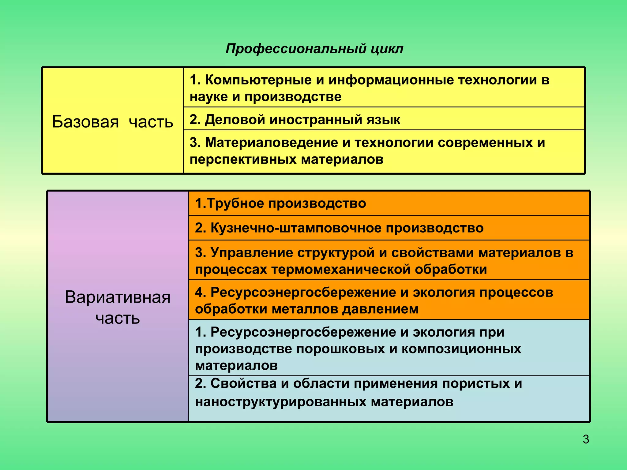 Профессиональный цикл Базовая  часть 1. Компьютерные и информационные технологии в науке и производстве 2. Деловой иностранный язык 3. Материаловедение и технологии современных и перспективных материалов  Вариативная часть 1.Трубное производство 2. Кузнечно-штамповочное производство 3. Управление структурой и свойствами материалов в процессах термомеханической обработки 4. Ресурсоэнергосбережение и экология процессов обработки металлов давлением 1. Ресурсоэнергосбережение и экология при производстве порошковых и композиционных материалов 2. Свойства и области применения пористых и наноструктурированных материалов   