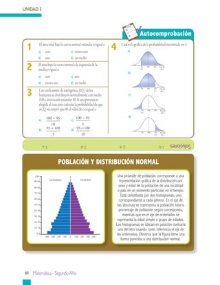 64 Matemática - Segundo Año
UNIDAD 3
	
Autocomprobación
	 Cuáleslagráficadelaprobabilidadencontradaen3:
4
	 Eláreabajolacurvanormalalaizquierdadela
mediaesiguala:
a)	 cero		 c) uno
b)	 menosuno	 d) unmedio
2
3
1	 Eláreatotalbajolacurvanormalestándaresiguala
a)	 cero		 c) menosuno
b)	 uno		 d) unmedio
0-4
10-14
20-24
30-34
40-44
50-54
60-64
70-74
80-84
90-64
100+
400 300 200 100 0 100 200 300 400
HOMBRES MUJERES
Una pirámide de población corresponde a una
representación gráfica de la distribución por
sexo y edad de la población de una localidad
o país en un momento particular en el tiempo.
Está constituido por dos histogramas, uno
correspondiente a cada género. En el eje de
las abscisas se representa la población total o
porcentaje de población según corresponda,
mientras que en el eje de ordenadas se
representa la edad simple o grupo de edades.
Los histogramas se ubican en posición contraria
uno del otro usando como referencia el eje de
las ordenadas. Observa que la figura tiene una
forma parecida a una distribución normal.
Soluciones1.b.			2.d.			3.d.			4.a.
a)
b)
d)
c)
POBLACIÓN Y DISTRIBUCIÓN NORMAL
10095 Escala
de z
105
-0.5
10095 Escala
de z
105
0.5
10095 Escala
de z
105
-0.5
10095 Escala
de z
105
0.5
	 Loscoeficientesdeinteligencia(IQ)delos
humanossedistribuyennormalmenteconmedia
100ydesviaciónestándar10.Siunapersonaes
elegidaalazar,paracalcularlaprobabilidaddeque
suIQseamayorque95elvalordezesiguala:
a)	 100 95
10
− 	 c)
100 95
5
−
b)	 95 100
5
− 	 d) 95 100
10
−
 