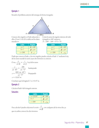 UNIDAD 3
Segundo Año - Matemática 67
Ejemplo 1
Resuelve el problema anterior del estanque de forma triangular.
Lados Angulos
a = ? α = 48º
b = ? β = 57º
c = 200 γ = ?
Conoces dos ángulos y el lado adyacente a
ellos. (Caso 2: ALA).La tabla con los datos
iniciales es:
Como la suma de ángulos internos de todo
triángulo es 180°, entonces,
γ = 180º – (48º + 57º) = 75º
Dado que conoces el lado c y los tres ángulos, puedes calcular el lado “a” mediante la ley
de los senos usando la razón cuyos dos términos se conocen.
O sea,
a
sen
c
senα γ
= Ley de los senos
a
sen sen
a
Sustituyendo
48
200
75°
=
°
=
2200 48
75
( )sen
sen
a
Despejando
1
°
°
= 553.87m
Concluyes que la longitud “a” es 153.87 m.
Ejemplo 2
Calcula el lado b del triángulo anterior.
Solución:
Lados Angulos
a = ? α = 48º
b = ? β = 57º
c = 200 γ = 75º
Lados Angulos
a = 153.87 α = 48º
b = ? β = 57º
c = 200 γ = 75º
ab
A B
α = 48° β = 57°
c = 200 m
C
γ
Para calcular b puedes relacionar la razón
b
sen β
con cualquiera de las otras dos, ya
que en ambas conoces los dos términos.
 