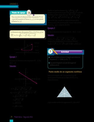 UNIDAD 3
74 Matemática - Segundo Año
Como este procedimiento lo aplicas a cualquier par de
puntos, entonces la fórmula es:
Para encontrar la distancia entre dos puntos P y Q
a uno de los puntos le llamas (x1
, y1
) y al otro punto
le llamas (x2
, y2
)
Punto de apoyo
Ejemplo 1
Encuentra la distancia entre los puntos P( – 3, 3) y
Q( 5, – 2).
Solución:
La distancia entre dos puntos P1
(x1
, y1
) y P2
(x2
, y2
) es
P P d x x y y1 2 2 1
2
2 1
2
= = ( ) + ( )− −
Puedes ver que los números (x2
– x1
)2
y (y2
– y1
)2
siempre son positivos, ya que están elevados al cuadrado.
También puedes comprobar que PQ QP= , ya que
(x2
– x1
)2
= (x1
– x2
)2
y también (y2
– y1
)2
= (y1
– y2
)2
.
Esto te dice que cuando se emplea la fórmula de la
distancia entre dos puntos puedes tomar como punto
inicial (x1
– y1
) a cualquiera de ellos.
Ejemplo 2
Hallar la distancia entre los puntos (3, – 8) y ( – 6, 4).
Solución:
Como, d x x y y= −( ) + −( )2 1
2
2 1
2
al
sustituir las coordenadas de los puntos, obtienes,
= +( ) + ( ) = + = =3 6 8 4 81 144 225 152 2
− −
a)	Graficaenelplanocartesianoeltriángulocuyosvérticesson
lospuntosA(–1,–3),B(6,1)yC(2,–7).
b)	Encuentralalongituddecadaladodeltriángulodel
problemaanterior.
Actividad1
Punto medio de un segmento rectilíneo
Este es el triángulo ABC. Los puntos P, Q y M
son los puntos medios de sus lados AB, BC y CA,
respectivamente.
¿Qué nombre reciben los segmentos PC, QA y MB?
d x x y y
PQ d
= ( ) + ( )
= = ( )( )
2 1
2
2 1
2
5 3
− −
− −
22 2
2 2
2
2 3
5 3 5
8 5
+ ( )
= +( ) + ( )
= + ( )
− −
−
− 22
64 25
89 943
= +
= = .
C
P
BA
M Q
y
x
d
P2 (x2, y2)
P1 (x1, y1)
(x2, y1)
[x2 –x1]
[y2 –y1]
y
x
-3
-2
Q
P
3
5
 