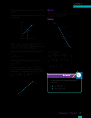 UNIDAD 3
Segundo Año - Matemática 75
¿Cómo encuentras el punto medio, Pm
, del segmento de
recta AB?
Observa que las coordenadas del punto A son (1, 2) y las
de B son (5, 6).
¿Cuáles son las coordenadas del punto medio Pm
?
Puedes ver que Pm
(3, 4). ¿Cómo calculas la abscisa Xm
de
Pm
? ¿Y cómo calculas la ordenada Ym
de Pm
?
Puedes ver que Xm
= 3, es el punto medio de XA
= 1 y
XB
= 5.
Xm =
+
=
1 5
2
3
Además, Ym
= 4, es el punto medio de YA
= 2 y YB
= 6
Ym =
+
=
2 6
2
4
En general, si los puntos A (XA
, YA
) y B (XB
, YB
) son
los extremos del segmento rectilíneo AB, entonces el
punto medio Pm
del segmento AB es Pm
(Xm
, Ym
), donde
X
X X
Y
Y Y
m
A B
m
A B
=
+
=
+
y
2 2
Ejemplo 3
Dados los puntos P(– 3, 4) y Q(2, – 5), encuentra el
punto medio del segmento PQ.
Solución:
XP
= – 3; XQ
= 2
Aplicando las fórmulas.
X
X X
m
P Q
=
+
=
− +
= −
2
3 2
2
1
2
Y
Y Y
m
P Q
=
+
=
+ ( )
= −
2
4 5
2
1
2
−
Luego, Pm − −
1
2
1
2
,




	 Encuentraelpuntomediodelsegmentocuyospuntos
extremosson:
a)	 R(–3,4)yS(7,–4)
b)	 T(5,–2)yU(–4,0)
Actividad 2
A(XA
,YA
)
PM(Xm
,Ym
)
B(XB
,YB
)
y
x
B
A
Pm
y
x
Q
P
-3 2
4
-5
Pm
 