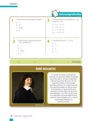 88 Matemática - Segundo Año
UNIDAD 3
Autocomprobación
El concepto de sistema coordenado que
caracteriza a la geometría analítica fue aplicado
por primera vez en 1637 por el matemático
y filósofo francés René Descartes. Por ello,
la geometría analítica se llama también
geometría cartesiana. Por el papel unificador
de la geometría analítica en diversas ramas
de la matemática, el aporte de Descartes
representa uno de los pilares del desarrollo
de la matemática. En el inicio, las dos ramas
de la matemática que fueron objeto de esta
unificación, fueron el álgebra, por su nivel de
representación abstracta y la
geometría euclídea.
Soluciones
	
1.c.			2.a.			3.b.			4.d.
	 Lapendientedelarectay=–2x+5es:
a)	 2
b)	 –5
c)	 5
d)	 –2
4	 Elnúmeroderectasquepasanporelpunto
(–3,4)ypendiente2es:
a)	 1
b)	 4
c)	 infinito
d)	 2
2
	 Laecuacióndelarectacuyapendientees-1yque
pasapor(3,–4)es:
a)	 y+4=–1(x+3)
b)	 y+4=–1(x–3)
c)	 y–3=–1(x+4)
d)	 y–4=–1(x+3)
3	 Elnúmeroderectasconpendiente-1esiguala:
a)	 1
b)	 10
c)	 infinito
d)	 0
1
RENÉ DESCARTES
René Descartes
 