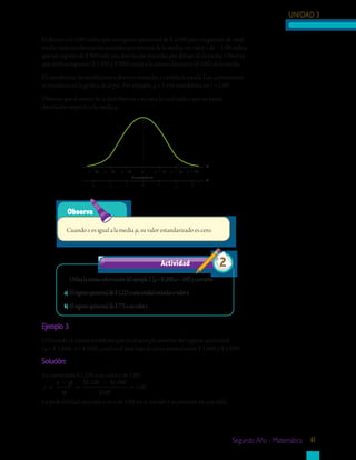 UNIDAD 3
Segundo Año - Matemática 61
El desvío z es 1.00 indica que un ingreso quincenal de $ 1,100 para un gerente de nivel
medio está una desviación estándar por encima de la media; un valor z de – 1.00 indica
que un ingreso de $ 900 está una desviación estándar por debajo de la media. Observa
que ambos ingresos ($ 1,100 y $ 900) están a la misma distancia ($ 100) de la media.
El transformar las mediciones a desvíos normales z cambia la escala. Las conversiones
se muestran en la gráfica de la par. Por ejemplo, μ + 2 σ se transforma en z = 2.00.
Observa que el centro de la distribución z es cero, lo cual indica que no existe
desviación respecto a la media μ.
Ejemplo 3
Utilizando el mismo problema que en el ejemplo anterior del ingreso quincenal
(μ = $ 1,000, σ = $ 100), ¿cuál es el área bajo la curva normal entre $ 1,000 y $ 1,100?
Solución:
Ya convertiste $ 1,100 a un valor z de 1.00
z
x $ $
$
= = =
− −µ
σ
1 100 1 000
100
100
, ,
.
La probabilidad asociada a un z de 1.00, ya se calculó y se presenta en una tabla.
	 Utilizalamismainformacióndelejemplo2(μ=$1,000,σ=100)yconvierte:
a)	Elingresoquincenalde$1,225aunaunidadestándarovalorz.
b)	Elingresoquincenalde$775aunvalorz.
Actividad 2
µ - 3σ µµ - 2σ µ - 1σ µ + 1σ µ + 2σ µ + 3σ
-3 -2 -1 0 1 2 3
Se convierte en
X
Z
Observa
Cuando x es igual a la media μ, su valor estandarizado es cero.
 