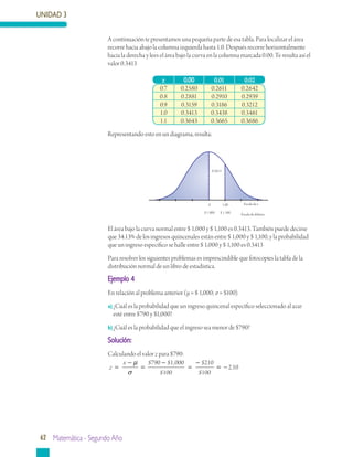UNIDAD 3
62 Matemática - Segundo Año
A continuación te presentamos una pequeña parte de esa tabla. Para localizar el área
recorre hacia abajo la columna izquierda hasta 1.0. Después recorre horizontalmente
hacia la derecha y lees el área bajo la curva en la columna marcada 0.00. Te resulta así el
valor 0.3413
z 0.00 0.01 0.02
0.7 0.2580 0.2611 0.2642
0.8 0.2881 0.2910 0.2939
0.9 0.3159 0.3186 0.3212
1.0 0.3413 0.3438 0.3461
1.1 0.3643 0.3665 0.3686
Representando esto en un diagrama, resulta:
El área bajo la curva normal entre $ 1,000 y $ 1,100 es 0.3413. También puede decirse
que 34.13% de los ingresos quincenales están entre $ 1,000 y $ 1,100, y la probabilidad
que un ingreso específico se halle entre $ 1,000 y $ 1,100 es 0.3413
Para resolver los siguientes problemas es imprescindible que fotocopies la tabla de la
distribución normal de un libro de estadística.
Ejemplo 4
En relación al problema anterior (μ = $ 1,000; σ = $100).
a)	¿Cuál es la probabilidad que un ingreso quincenal específico seleccionado al azar
esté entre $790 y $1,000?
b)	¿Cuál es la probabilidad que el ingreso sea menor de $790?
Solución:
Calculando el valor z para $790:
z
x
=
−
=
−
=
−µ
σ
$ $ ,
$
$
$
790 1 000
100
210
100
== −210.
0 1.00 Escala de z
Escala de dólares$ 1 000 $ 1 100
0.3413
 