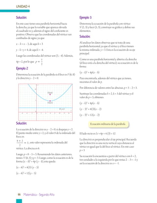 66 Matemática - Segundo Año
UNIDAD 4
Ejemplo 2
Determina la ecuación de la parábola si el foco es F (6, 8)
y la directriz y – 2 = 0.
Solución:
La ecuación de la directriz es y – 2 = 0, si despejas y = 2.
El punto medio entre y = 2, y el valor 8 de la ordenada del
foco, es:
8 2
2
5
+
= , este valor representa la ordenada del
vértice. La abscisa es 6.
Luego, p = 8 – 5 = 3. Resumiendo los datos anteriores,
tienes: V (6, 5) y p = 3. Luego, como la ecuación es de la
forma (x – h)2
= 4p (y – k), esta queda:
(x – 6)2
= 4(3) (y – 5)
(x – 6)2
= 12(y – 5)
Solución:
En este caso tienes una parábola horizontal hacia
la derecha, ya que la variable que aparece elevada
al cuadrado es y, además el signo del coeficiente es
positivo. Observa que las coordenadas del vértice van
cambiadas de signo, ya que:
x – h = x – 3, de aquí h = 3
y – k = y + 4, de aquí k = -4.
Luego las coordenadas del vértice son (3, –4). Además,
4p = 2, por lo que p =
1
2
Ejemplo 3
Determina la ecuación de la parábola con vértice
V (2, 3) y foco (5, 3), construye su gráfico y define sus
elementos.
Solución:
Al analizar los datos observas que se trata de una
parábola horizontal, ya que el vértice y el foco tienen
la misma ordenada: y = 3. Esta es la ecuación de su eje
principal.
Como es una parábola horizontal y abierta a la derecha
(el foco está a la derecha del vértice), su ecuación es de la
forma:
(y – k)2
= 4p(x – h)
Para encontrarla, además del vértice que ya tienes,
necesitas el valor de p.
Por diferencia de valores entre las abscisas, p = 5 – 2 = 3.
Sustituye las coordenadas h = 2, k = 3 del vértice y el
valor de p = 3, obtienes:
(y – k)2
= 4p(x – h)
(y – 3)2
= 4(3)(x – 2)
(y – 3)2
= 12(x – 2)
Ecuación ordinaria de la parábola
El lado recto es Lr =4p = 4 (3) = 12
La directriz es perpendicular al eje principal. Recuerda
que la directriz es una recta vertical cuya distancia al
vértice es igual que la del foco al vértice. En este caso
p = 3
Su ecuación la encuentras a partir del vértice con h = 2,
tres unidades a la izquierda por lo que restas 2 – 3 = –1 y
así la ecuación de la directriz es x = –1.
y
x
0
0 2-2
5
10
4 6 8 10 12 14-4-6
F(6,8)
V(6,5)
D: y=2
 
