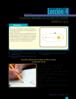Segundo Año - Matemática 81
Cuarta Unidad
Motivación
Si en la ecuación canónica de la elipse:
x y
a b
2
2
2
2
1+ =
sustituyes a x por (x – h) y a y por (y – k), tienes:
( ) ( )x h
a
y k
b
−
+
−
=
2
2
2
2
1 cuando el eje mayor está sobre
el eje x. Esta ecuación representa una elipse horizontal con
centro en (h, k).
Si la elipse es vertical, la ecuación es:
( ) ( )x h
b
y k
a
−
+
−
=
2
2
2
2
1 cuando el eje mayor está sobre
el eje y.
En ambas, la longitud del eje mayor es 2a y la longitud del eje
menor es 2b.
Indicadores de logro
	 Resolverásproblemasdelentornoutilizandolaelipsesuselementos,
gráficoyecuaciones.
	 Construiráselipsesconordenylimpieza,eidentificarásconinterésy
seguridadsuselementos.
	 Construirásconseguridadlaecuacióncanónicadelaelipseconcentro
diferentede(0,0)
La primera ley de Kepler establece que la órbita
descrita por cada planeta es una elipse, donde el Sol
es uno de los focos.
Mirna y Laura construyen un modelo planetario en
el plano cartesiano. Ubican al Sol en (5, 3) y para la
órbita del planeta Tierra establecen que el centro es
(2, 3) con el vértice correspondiente en (7, 3). Ellas
necesitan conocer la ecuación para representar la
órbita de la Tierra. ¿Cuál es dicha ecuación?
Ecuación ordinaria de la elipse con centro
diferente a (0, 0)
Lección 4
Ecuación ordinaria de la elipse cuando el centro
es diferente (0, 0)
 