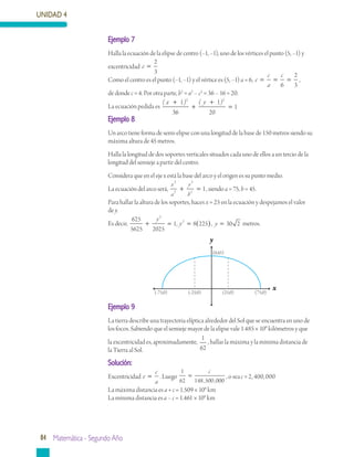 UNIDAD 4
84 Matemática - Segundo Año
Ejemplo 7
Halla la ecuación de la elipse de centro (–1, –1), uno de los vértices el punto (5, –1) y
excentricidad e =
2
3
Como el centro es el punto (–1, –1) y el vértice es (5, –1) a = 6, e
c
a
c
= = =
6
2
3
,
de donde c = 4. Por otra parte, b2
= a2
– c2
= 36 – 16 = 20.
La ecuación pedida es
( ) ( )x y+
+
+
=
1
36
1
20
1
2 2
Ejemplo 8
Un arco tiene forma de semi-elipse con una longitud de la base de 150 metros siendo su
máxima altura de 45 metros.
Halla la longitud de dos soportes verticales situados cada uno de ellos a un tercio de la
longitud del semieje a partir del centro.
Considera que en el eje x está la base del arco y el origen es su punto medio.
La ecuación del arco será,
x
a
y
b
2
2
2
2
1+ = , siendo a = 75, b = 45.
Para hallar la altura de los soportes, haces x = 25 en la ecuación y despejamos el valor
de y.
Es decir,
625
5625 2025
8 225 30 2
2
2
1,+ = = ( ) =
y
y y, metros.
Ejemplo 9
La tierra describe una trayectoria elíptica alrededor del Sol que se encuentra en uno de
los focos. Sabiendo que el semieje mayor de la elipse vale 1.485 × 108
kilómetros y que
la excentricidad es, aproximadamente,
1
62
, hallar la máxima y la mínima distancia de
la Tierra al Sol.
Solución:
Excentricidad e
c
a
= . Luego
1
62 148 500 000
=
c
, ,
, o sea c = 2, 400, 000
La máxima distancia es a + c = 1.509 × 108
km
La mínima distancia es a – c = 1.461 × 108
km
x
y
(-25,0)(-75,0) (75,0)(25,0)
(0,45)
 