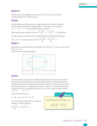 UNIDAD 4
Segundo Año - Matemática 85
Ejemplo 10
Halla la ecuación de la elipse con centro en (2, 3), foco en (2, 5) y con el vértice
correspondiente en (2, 7). Dibuja la curva.
Solución:
Será de mucha ayuda dibujar primero y luego encontrar la ecuación de la elipse. La
distancia del centro al vértice es siempre igual a “a” y, entonces, en consecuencia,
b2
= a2
– c2
= 42
– 22
= 12. Ahora puedes obtener la ecuación.
Sabes que tienes que emplear la ecuación
( ) ( )x h
b
y k
a
−
+
−
=
2 2
1 porque el eje
principal o mayor es paralelo al eje y. También sabes que las coordenadas del centro
son h = 2 y k = 3; entonces puedes escribir:
( ) ( )x y−
+
−
=
2
12
3
16
1
2 2
Ejemplo 11
Encuentra la ecuación de la elipse cuyos vértices son V (6, 4) y V´(–2, 4) y cuyos focos son F
(5, 4) y F´(–1, 4).
Marca los focos en el siguiente gráfico:
Solución:
Por los datos sabes que se trata de una elipse horizontal, pues tanto sus vértices como los
focos tienen la misma ordenada. El centro de la elipse se determina obteniendo el punto
medio entre los vértices o entre los focos. Entonces el centro es C(2, 4). Como sabes que “a”
es la distancia del centro a cualquiera de los vértices, entonces a= 4. También sabes que c es
la distancia del centro a cualquiera de los focos, así, c =3. Para calcular b usas la ecuación
a2
= b2
+ c2
	 b2
= a2
– c2
y
x0
0
1
1 2 3 4-1
-1
5-2-3-4 6 7 8 9
2
3
4
5
6
7
FF1
Sustituyes los valores de a y c:
b2
= (4)2
– (3)2
= 16 – 9 = 7; b = 7
Con estos datos puedes escribir la ecuación de
la elipse en su forma ordinaria:
( ) ( )x y−
+
−
=
2
16
4
7
1
2 2
Punto medio de P(x1
, y1
) y Q(x2
, y2
) es
Pm
x x y y1 2 1 2
2 2
+ +


,
Observa
 