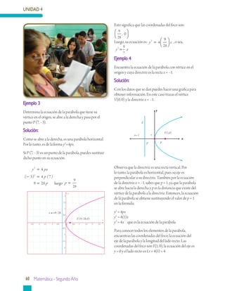 UNIDAD 4
60 Matemática - Segundo Año
Ejemplo 3
Determina la ecuación de la parábola que tiene su
vértice en el origen, se abre a la derecha y pasa por el
punto P (7, –3).
Solución:
Como se abre a la derecha, es una parábola horizontal.
Por lo tanto, es de la forma y2
=4px.
Si P (7, –3) es un punto de la parábola, puedes sustituir
dicho punto en su ecuación.
y px
p
p
2
2
4
3 4 7
9 28
=
− =
=
( ) ( )
luego p =
9
28
Esto significa que las coordenadas del foco son:
9
28
0,




Luego, su ecuación es: y x2
4
9
28
=



 , o sea,
y x2 9
7
=
Ejemplo 4
Encuentra la ecuación de la parábola con vértice en el
origen y cuya directriz es la recta x = –1.
Solución:
Con los datos que se dan puedes hacer una gráfica para
obtener información. En este caso trazas el vértice
V(0, 0) y la directriz x = –1.
Observa que la directriz es una recta vertical. Por
lo tanto, la parábola es horizontal, pues su eje es
perpendicular a su directriz. También por la ecuación
de la directriz x = –1, sabes que p = 1, ya que la parábola
se abre hacia la derecha y p es la distancia que existe del
vértice de la parábola a la directriz. Entonces, la ecuación
de la parábola se obtiene sustituyendo el valor de p = 1
en la fórmula:
y2
= 4px
y2
= 4(1)x
y2
= 4x	 que es la ecuación de la parábola
Para conocer todos los elementos de la parábola,
encuentras las coordenadas del foco, la ecuación del
eje de la parábola y la longitud del lado recto. Las
coordenadas del foco son F(1, 0), la ecuación del eje es
y = 0 y el lado recto es Lr = 4(1) = 4
F(1,0)
p
v
p
d
x=-1
y
x
y
x0
0
0.5
1
-0.5
-1
21
1.5
2
-1.5
-2
0.5 1.5 2.5-0.5-1-1.5-2-2.5
F (9/28,0)
x =−9/28
 