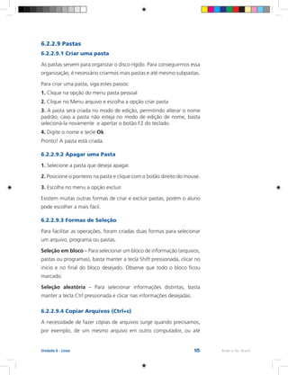 105 Rede e-Tec BrasilUnidade 6 - Linux
6.2.2.9 Pastas
6.2.2.9.1 Criar uma pasta
As pastas servem para organizar o disco rígido. Para conseguirmos essa
organização, é necessário criarmos mais pastas e até mesmo subpastas.
Para criar uma pasta, siga estes passos:
1. Clique na opção do menu pasta pessoal
2. Clique no Menu arquivo e escolha a opção criar pasta
3. A pasta será criada no modo de edição, permitindo alterar o nome
padrão; caso a pasta não esteja no modo de edição de nome, basta
selecioná-la novamente e apertar o botão F2 do teclado.
4. Digite o nome e tecle Ok.
Pronto! A pasta está criada.
6.2.2.9.2 Apagar uma Pasta
1. Selecione a pasta que deseja apagar.
2. Posicione o ponteiro na pasta e clique com o botão direito do mouse.
3. Escolha no menu a opção excluir.
Existem muitas outras formas de criar e excluir pastas, porém o aluno
pode escolher a mais fácil.
6.2.2.9.3 Formas de Seleção
Para facilitar as operações, foram criadas duas formas para selecionar
um arquivo, programa ou pastas.
Seleção em bloco – Para selecionar um bloco de informação (arquivos,
pastas ou programas), basta manter a tecla Shift pressionada, clicar no
início e no final do bloco desejado. Observe que todo o bloco ficou
marcado.
Seleção aleatória – Para selecionar informações distintas, basta
manter a tecla Ctrl pressionada e clicar nas informações desejadas.
6.2.2.9.4 Copiar Arquivos (Ctrl+c)
A necessidade de fazer cópias de arquivos surge quando precisamos,
por exemplo, de um mesmo arquivo em outro computador, ou até
 