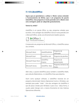 114Rede e-Tec Brasil Informática Básica
7.1 O LibreOffice
Agora que já aprendemos a utilizar o Word, vamos entender
o funcionamento do Writer, que é um programa do pacote
LibreOffice. Este programa é muito parecido com o Word e tem
uma vantagem: pode ser adquirido gratuitamente.
Vamos lá, então?
LibreOffice é um pacote Office, ou seja, programas voltados para
escritório. Uma vantagem do LibreOffice é de ser muito parecido com
o Microsoft Office, sendo uma ferramenta de trabalho gratuita.
Comparando aos programas da Microsoft Office, o LibreOffice possui
seus similares.
Microsoft Word LibreOfficeWriter
Programa de
editoração
Microsoft Excel LibreOffice calc Programa de planilhas
Microsoft Power Point
LibreOffice
Impress
Programa de
apresentações
Microsoft Access LibreOffice Base
Programa de Banco de
Dados
Além disso, o pacote LibreOffice possui também o LibreOffice Math,
para cálculos Matemáticos, e o LibreOffice Draw para desenho.
Assim como qualquer software, o LibreOffice necessita de um
programa denominado Sistema Operacional (como o Windows, por
exemplo) para poder “rodar”. Uma das vantagens do LibreOffice é
que ele possui versões para Windows e para Linux - dessa forma, o
usuário pode interagir com a mesma ferramenta em dois Sistemas
Operacionais diferentes.
 
