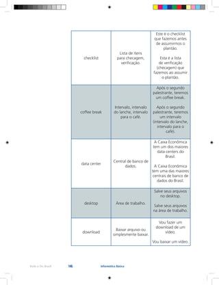 146Rede e-Tec Brasil Informática Básica
checklist
Lista de ítens
para checagem,
verificação.
Este é o checklist
que fazemos antes
de assumirmos o
plantão.
Esta é a lista
de verificação
(checagem) que
fazemos ao assumir
o plantão.
coffee break
Intervalo, intervalo
do lanche, intervalo
para o café.
Após o segundo
palestrante, teremos
um coffee break.
Após o segundo
palestrante, teremos
um intervalo
(intervalo do lanche,
intervalo para o
café).
data center
Central de banco de
dados.
A Caixa Econômica
tem um dos maiores
data centers do
Brasil.
A Caixa Econômica
tem uma das maiores
centrais de banco de
dados do Brasil.
desktop Área de trabalho.
Salve seus arquivos
no desktop.
Salve seus arquivos
na área de trabalho.
download
Baixar arquivo ou
simplesmente baixar.
Vou fazer um
download de um
vídeo.
Vou baixar um vídeo.
 