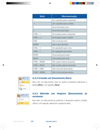 60Rede e-Tec Brasil Informática Básica
Tecla Movimentação
← Um caractere para a esquerda
→ Um caractere para a direita
↑ Uma linha para cima
↓ Uma linha para baixo
CTRL + ← Uma palavra para a esquerda
CTRL + → Uma palavra para a direita
END Até o final da linha
HOME Até o início da linha
CTRL + ↑ Um parágrafo para cima
CTRL + ↓ Um parágrafo para baixo
PGDN Uma janela para baixo
PGUP Uma janela para cima
CTRL + PGDN Até a parte inferior da janela
CTRL + PGUP Até a parte superior da janela
CTRL + END Até o final do documento
CTRL + HOME Até o início do documento
4.3.2 Criando um Documento Novo
Para criar um documento novo no word é necessário selecionar o
Botão office e, em seguida, Novo.
4.3.3 Abrindo um Arquivo (Documento) já
existente
Para abrir um documento já existente é necessário acessar o botão
office e, em seguida, selecionar a opção de abrir.
 