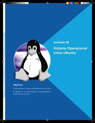 93 Rede e-Tec BrasilUnidade 3 - Sistema Operacional Windows 7
Unidade 06
Sistema Operacional
Linux Ubuntu
Objetivos:
1. Reconhecer a história da Plataforma Livre, Linux;
2. Identificar as características, funcionalidades e
modo de uso do Linux.
 