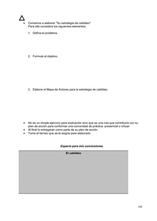 130
 Comience a elaborar "Su estrategia de cabildeo"
Para ello considere los siguientes elementos.
1. Defina el problema.
2. Formule el objetivo.
3. Elabore el Mapa de Actores para la estrategia de cabildeo.
 No es un simple ejercicio para evaluación sino que es una ruta que contribuirá con su
plan de acción para conformar una comunidad de práctica -presencial o virtual-
 Al final lo entregarán como parte de su plan de acción.
 Tome el tiempo que se le asigne para elaborarlo.
Espacio para mis conclusiones
El cabildeo
 