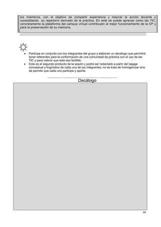 68
los miembros, con el objetivo de compartir experiencia y mejorar la acción docente y
consolidando su repertorio derivado de la práctica. En esta se puede apreciar como las TIC,
concretamente la plataforma del campus virtual contribuyen al mejor funcionamiento de la CP y
para la preservación de su memoria.
 Participe en conjunto con los integrantes del grupo y elaboren un decálogo que permitirá
tener referentes para la conformación de una comunidad de práctica con el uso de las
TIC y para valorar que esta sea factible.
 Este es el segundo producto de la sesión y podrá ser redactado a partir del bagaje
conceptual y lingüístico de cada uno de los integrantes; no se trata de homogenizar sino
de permitir que cada uno participe y aporte.
________________________________________________________________________
Decálogo
 