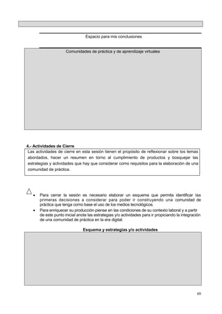 69
Espacio para mis conclusiones
Comunidades de práctica y de aprendizaje virtuales
4.- Actividades de Cierre
Las actividades de cierre en esta sesión tienen el propósito de reflexionar sobre los temas
abordados, hacer un resumen en torno al cumplimiento de productos y bosquejar las
estrategias y actividades que hay que considerar como requisitos para la elaboración de una
comunidad de práctica.
 Para cerrar la sesión es necesario elaborar un esquema que permita identificar las
primeras decisiones a considerar para poder ir construyendo una comunidad de
práctica que tenga como base el uso de los medios tecnológicos.
 Para enriquecer su producción piense en las condiciones de su contexto laboral y a partir
de este punto inicial anote las estrategias y/o actividades para ir propiciando la integración
de una comunidad de práctica en la era digital.
Esquema y estrategias y/o actividades
 