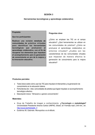 70
SESIÓN 3
Herramientas tecnológicas y aprendizaje colaborativo
Propósito
Que los participantes:
Realicen una revisión detallada de
comunidades de práctica virtuales
para identificar las herramientas
tecnológicas que promueven el
aprendizaje colaborativo, con el fin de
recuperar los elementos que impulsan
el acompañamiento para la generación
de conocimiento en pro de la mejora y
la innovación educativa.
Preguntas clave
¿Cómo se emplean las TIC en el campo
educativo? ¿Qué herramientas se utilizan en
las comunidades de práctica? ¿Cómo se
promueve el aprendizaje colaborativo en
entornos virtuales? ¿Cuáles son las
características de las comunidades virtuales
que impactan de manera efectiva la
generación de conocimiento para la mejora
educativa?
Productos parciales:
 Texto breve sobre cómo usar las TIC para impulsar el intercambio y la generación de
conocimiento en la educación básica.
 Ficha técnica de —tres- comunidades de práctica que logran impulsar un acompañamiento
tecnológico efectivo.
 Descripción breve: “Almaceno o genero conocimiento”.
Materiales:
 Grup de Trabalho de imagen e conhecimiento. ¿Tecnología o metodología?
Universidade Presidente Antonio Carlos UNIPAC. Brasil, s/f. Formato mp4, 2:44 min., en:
http://youtu.be/Hxtotqi2b_Y
 Gutiérrez M, Gabriela. Monopolios vs el eBook.
 