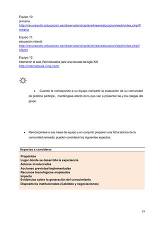 83
Equipo 10:
primaria
http://recursostic.educacion.es/observatorio/apls/wikiseneducacion/web/index.php/P
rimaria
Equipo 11:
educación infantil.
http://recursostic.educacion.es/observatorio/apls/wikiseneducacion/web/index.php/I
nfantil
Equipo 12:
Internet en el aula, Red educativa para una escuela del siglo XXI
http://internetaula.ning.com/
 Cuando le corresponda a su equipo compartir la evaluación de su comunidad
de práctica participe, manténgase atento de lo que van a presentar las y los colegas del
grupo.
 Reincorpórese a sus mesa de equipo y en conjunto preparen una ficha técnica de la
comunidad revisada, pueden considerar los siguientes aspectos.
Aspectos a considerar:
Propósitos
Lugar donde se desarrolla la experiencia
Actores involucrados
Acciones previstas/implementadas
Recursos tecnológicos empleados
Impacto
Evidencias sobre la generación del conocimiento
Dispositivos institucionales (Cabildeo y negociaciones)
 