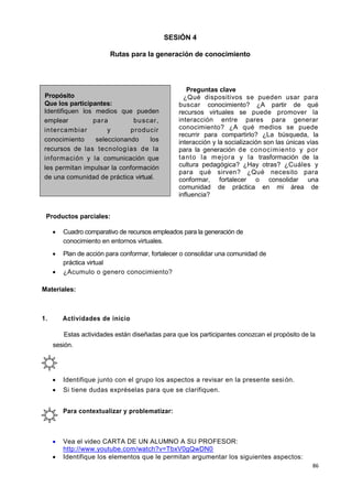 86
SESIÓN 4
Rutas para la generación de conocimiento
Preguntas clave
¿Qué dispositivos se pueden usar para
buscar conocimiento? ¿A partir de qué
recursos virtuales se puede promover la
interacción entre pares para generar
conocimiento? ¿A qué medios se puede
recurrir para compartirlo? ¿La búsqueda, la
interacción y la socialización son las únicas vías
para la generación de conocimiento y por
tanto la mejora y la trasformación de la
cultura pedagógica? ¿Hay otras? ¿Cuáles y
para qué sirven? ¿Qué necesito para
conformar, fortalecer o consolidar una
comunidad de práctica en mi área de
influencia?
Productos parciales:
 Cuadro comparativo de recursos empleados para la generación de
conocimiento en entornos virtuales.
 Plan de acción para conformar, fortalecer o consolidar una comunidad de
práctica virtual
 ¿Acumulo o genero conocimiento?
Materiales:
1. Actividades de inicio
Estas actividades están diseñadas para que los participantes conozcan el propósito de la
sesión.
 Identifique junto con el grupo los aspectos a revisar en la presente sesión.
 Si tiene dudas expréselas para que se clarifiquen.
Para contextualizar y problematizar:
 Vea el video CARTA DE UN ALUMNO A SU PROFESOR:
http://www.youtube.com/watch?v=TbxV0gQwDN0
 Identifique los elementos que le permitan argumentar los siguientes aspectos:
Propósito
Que los participantes:
Identifiquen los medios que pueden
emplear para buscar,
intercambiar y producir
conocimiento seleccionando los
recursos de las tecnologías de la
información y la comunicación que
les permitan impulsar la conformación
de una comunidad de práctica virtual.
1
 