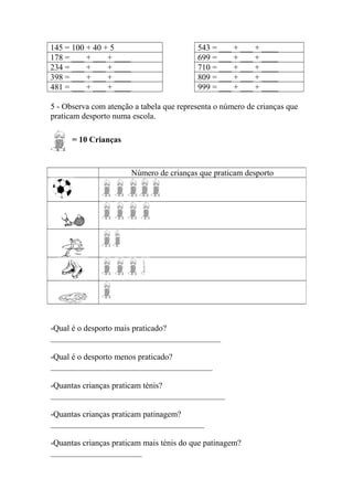 145 = 100 + 40 + 5 543 = ___ + ___ + ____
178 = ___ + ___ + ____ 699 = ___ + ___ + ____
234 = ___ + ___ + ____ 710 = ___ + ___ + ____
398 = ___ + ___ + ____ 809 = ___ + ___ + ____
481 = ___ + ___ + ____ 999 = ___ + ___ + ____
5 - Observa com atenção a tabela que representa o número de crianças que
praticam desporto numa escola.
-Qual é o desporto mais praticado?
_________________________________________
-Qual é o desporto menos praticado?
_______________________________________
-Quantas crianças praticam ténis?
__________________________________________
-Quantas crianças praticam patinagem?
_____________________________________
-Quantas crianças praticam mais ténis do que patinagem?
______________________
Número de crianças que praticam desporto
= 10 Crianças
 