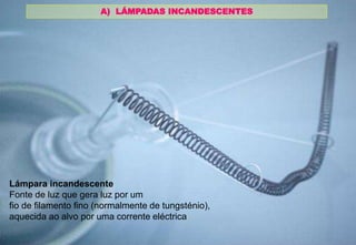 A) LÁMPADAS INCANDESCENTES 
Los primeros bombillos usaron un 
filamento de carbón para producir 
L l ll 
luz visible 
Lámpara incandescente 
Fonte de luz que gera luz por um 
fio de filamento fino (normalmente de tungsténio), 
aquecida ao alvo por uma corrente eléctrica 
 