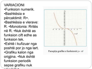 VARIACIONI
•Funksion numerik.
•Bashkësia e
përcaktimit: R+.
•Bashkësia e vlerave:
R. •Monotonia: Rritës
në R. •Nuk është as
funksion cift edhe as
funksion tek.
•Eshtë i kufizuar nga
poshtë por jo nga lart.
•Grafiku kalon nga
origjina. •Nuk është
funksion periodik
sepse grafiku nuk
 