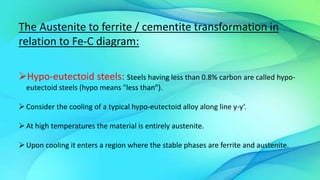 The Austenite to ferrite / cementite transformation in
relation to Fe-C diagram:
Hypo-eutectoid steels: Steels having less than 0.8% carbon are called hypo-
eutectoid steels (hypo means "less than").
Consider the cooling of a typical hypo-eutectoid alloy along line y-y‘.
At high temperatures the material is entirely austenite.
Upon cooling it enters a region where the stable phases are ferrite and austenite.
 
