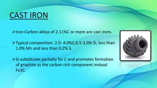 CAST IRON
Iron-Carbon alloys of 2.11%C or more are cast irons.
Typical composition: 2.0- 4.0%C,0.5-3.0% Si, less than
1.0% Mn and less than 0.2% S.
Si-substitutes partially for C and promotes formation
of graphite as the carbon rich component instead
Fe3C.
 