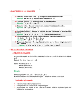 3
3. CLASIFICACIÓN DE LOS CONJUNTOS
4. RELACIONES ENTRE CONJUNTOS
a) INCLUSIÓN DE CONJUNTOS. -
El conjunto A es parte del conjunto B o que está incluido en B, si todos los elementos de A están
en B.
Es decir: A  B   x  A  x  B
Se lee: “A está incluido en B”
“A está contenido en B”
“A es subconjunto de B”
Ejemplo:
En los conjuntos A=m, n, 3, 7  y B= a, m, b, n, 3, 7
Podemos observar que los elementos del conjunto A pertenecen también al conjunto B.
* Propiedades de la inclusión
1. Todo conjunto es subconjunto de si mismo
2. El conjunto vacío es subconjunto de cualquier conjunto
3. Si un conjunto está incluido en otro, y este en un tercero, entonces el primer conjunto está
incluido en el tercer conjunto.
a) Conjunto nulo o vacío (  o ).- Es aquel que carece de elementos.
Ejemplo: M = x/x es un número primo divisible por 4 
b) Conjunto unitario. - Es aquel que tiene un solo elemento
Ejemplo: T = x  IN / 5 < x < 7
c) Conjunto finito. - Cuando tiene un número determinado de elementos.
Ejemplo: C = 2; 3; 6; 8; 10; 13
d) Conjunto infinito. - Cuando el número de sus elementos es una cantidad
ilimitada
Ejemplo: F = 0, 1, 2, 3, 4, 5, 6,……... G = x / x es una vocal
e) Conjuntos iguales. - Si ambos conjuntos tienen los mismos elementos.
Es decir: A = B  A  B  B  A
Ejemplo: A= 4; 5; 7 y B=5; 7; 4
f) Conjuntos disjuntos. - Son aquellos conjuntos que no tienen ningún elemento
en común...
Ejemplo: P = 2, 4, 6, 8, 10, 12 y Q =1, 3, 27, 32, 1005
 