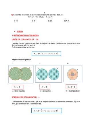 7
6) Encuentra el número de elementos del conjunto potencia de S, si
S = {x3
– 1/ x ∈ ℕ; 2x + 3 < x +9
a) 16 b) 8 c) 32 d) N.A.
 JUZGO
5. OPERACIONES CON CONJUNTOS
UNIÓN DE CONJUNTOS (A B)
La unión de dos conjuntos A y B es el conjunto de todos los elementos que pertenecen a
A o pertenecen a B o a ambos.
En forma simbólica se denota.
A B =  x / x  A v x  B
Representación gráfica:
U U U
A  B A  B A B = B
(A y B no disjuntos) (A y B disjuntos) (A y B comparables)
INTERSECCIÓN DE CONJUNTOS ()
La intersección de los conjuntos A y B es el conjunto de todos los elementos comunes a A y B, es
decir, que pertenecen a A y pertenecen a B.
A B =  x / x  A  x  B
A B A B
B
A
 