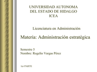1er PARTE UNIVERSIDAD AUTONOMA DEL ESTADO DE HIDALGO ICEA Licenciatura en Administración Materia: Administración estratégica Semestre 5 Nombre: Rogelio Vargas Pérez 